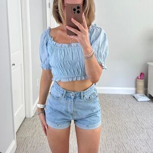 Blue ruffle off the shoulder going out party top small